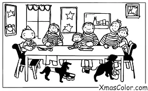 Noël / Cartes de Noël: Une famille de cinq assise autour de la table en train d'écrire des cartes de Noël