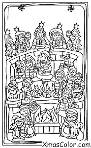 Noël / Chanteurs de Noël: Des chanteurs de Noël qui chantent devant une cheminée