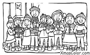 Noël / Chanteurs de Noël: Troubadours de Noël debout devant une cheminée