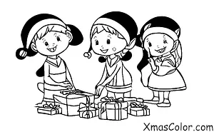 Noël / Emballage de cadeaux de Noël: les lutins enveloppant un cadeau de Noël