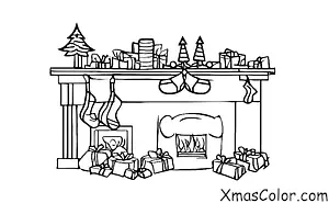 Noël / Esprit de Noël: Un gros plan d'une cheminée avec un feu allumé et des chaussettes pendues