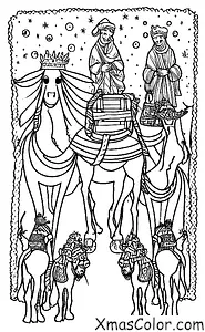Noël / L'Épiphanie: Les trois rois à cheval sur leurs chameaux rentrant chez eux