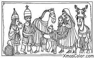Noël / L'Épiphanie: Trois Rois sur leurs chameaux voyageant pour trouver le bébé Jésus