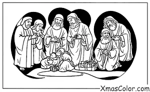 Noël / La naissance de Jésus: Les trois rois mages apportant des cadeaux à Jésus