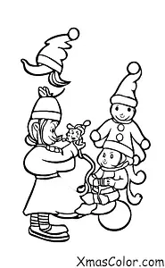 Noël / Les lutins de Noël: Page à colorier des enfants des elfes de Père Noël prenant soin des rennes
