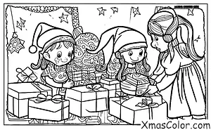 Noël / Les lutins: Un lutin enveloppant un cadeau