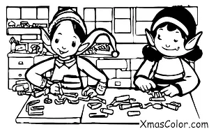 Noël / Les lutins: Un lutin fabriquant un jouet dans l'atelier du père Noël