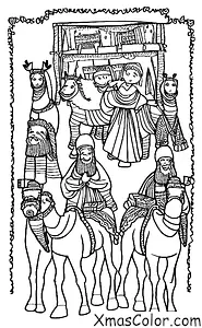 Noël / Les Trois Rois: Les trois Rois sur leurs chameaux arrivant à Bethléem