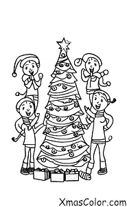 Noël / Noël à la campagne: Un groupe d'amis chantant des chansons de Noël autour de l'arbre de Noël