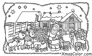 Noël / Noël à la ferme: Père Noël nourrit ses rennes dans le grange