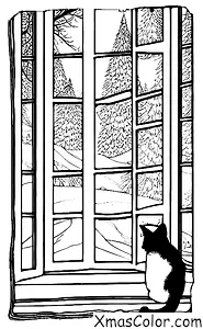 Noël / Noël avec des animaux: Un chat regardant par la fenêtre sur la scène hivernale neigeuse