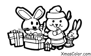 Noël / Noël avec des animaux: Un lapin dans un chapeau de Père Noël mangeant une carotte