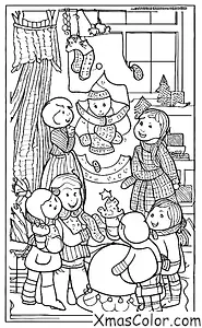 Noël / Noël Blanc: Scène de Noël blanche avec des enfants qui font un bonhomme de neige
