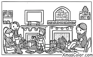 Noël / Noël dans la banlieue: Les amis sont rassemblés autour de la cheminée en buvant du chocolat chaud