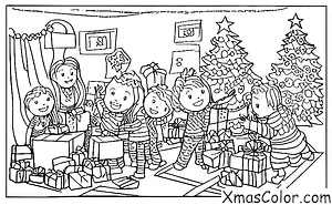 Noël / Noël dans la banlieue: Les enfants ouvrent leurs cadeaux le matin de Noël