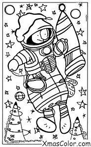 Noël / Noël dans le futur: Père Noël dans un scaphandre spatial en train de voler sur une fusée