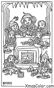 Noël / Noël Drôle: Une famille d'elfes assise devant une cheminée