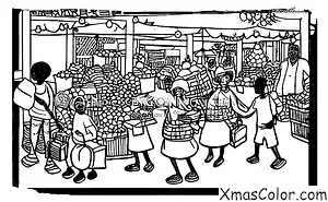 Noël / Noël en Afrique: Une scène de marché avec des gens qui vendent et achètent des cadeaux de Noël