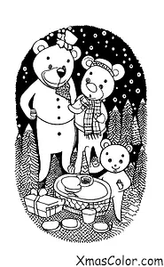Noël / Noël en montagne: Une famille d'ours qui font un pique-nique dans la neige