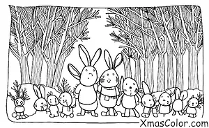 Noël / Noël en montagne: Une famille de lapins qui profitent du paysage hivernal