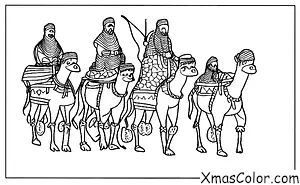 Noël / Nous Trois Rois: Les trois rois et leurs chameaux traversant une rivière
