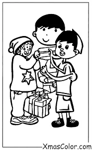 Noël / Offrir: Un garçon qui donne un cadeau de Noël à une personne sans-abri