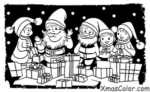 Noël / Pays des Merveilles d'Hiver: Père Noël et ses lutins en train d'emballer des cadeaux