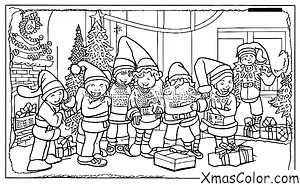 Noël / Pôle Nord: Père Noël et ses lutins distribuant des cadeaux aux enfants