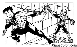 Noël / Superhéros de Noël: Spiderman s'enveloppant des cadeaux