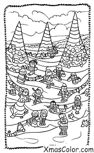 Noël / Temps hivernal: Une scène d'enfants qui glissent sur une colline