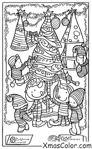 Noël / Traditions de Noël: Une famille décore son sapin de Noël avec des ornements et des lumières