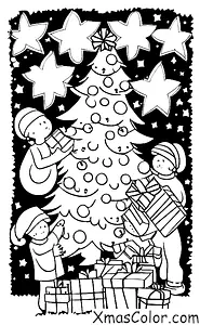 Noël / Traditions de Noël: Une famille ouvrant des cadeaux autour du sapin de Noël