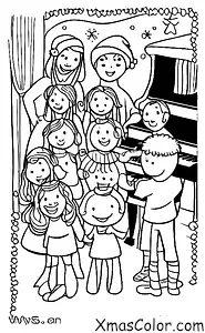 Noël / Traditions de Noël: Une famille qui chante des cantiques autour du piano