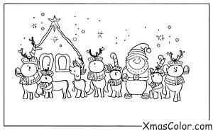 Noël / Traîneau du Père Noël: Père Noël et ses rennes arrivant dans une maison
